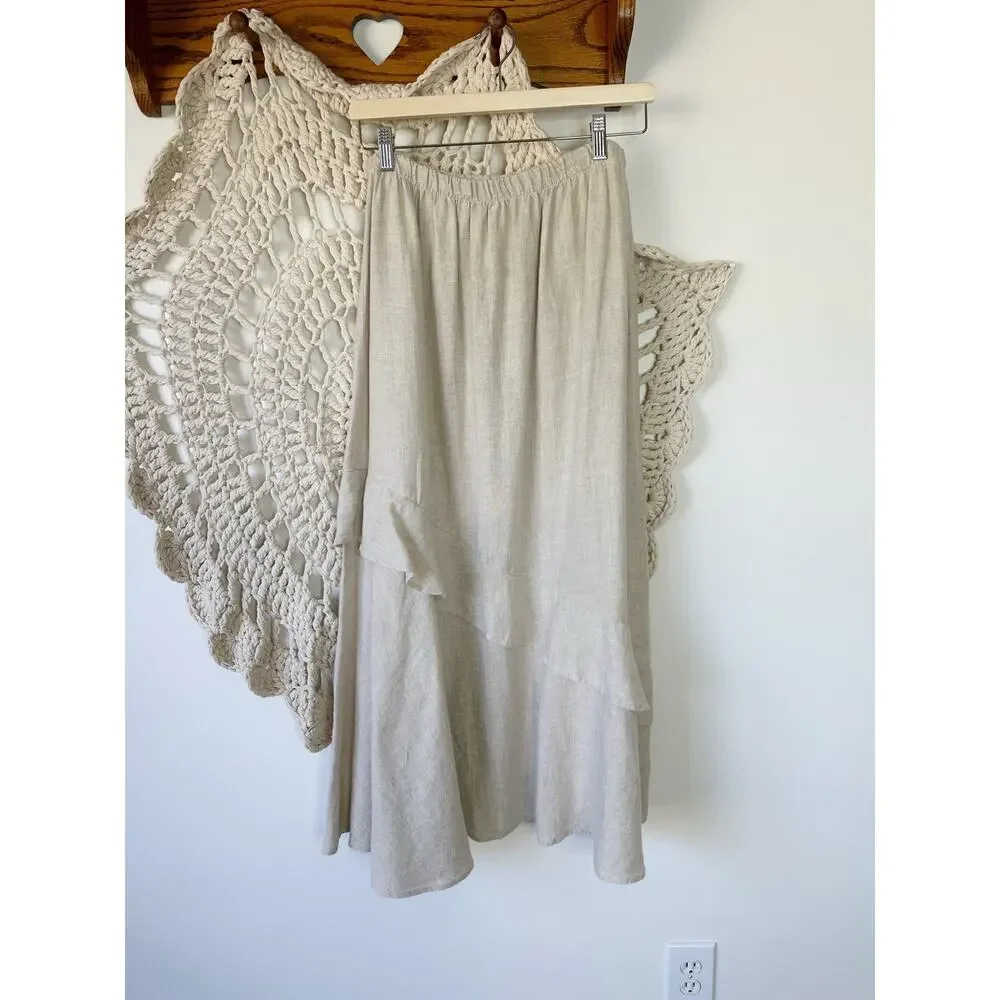 Match Point Linen Ruffle Lagenlook Beige Midi Skirt Size Medium